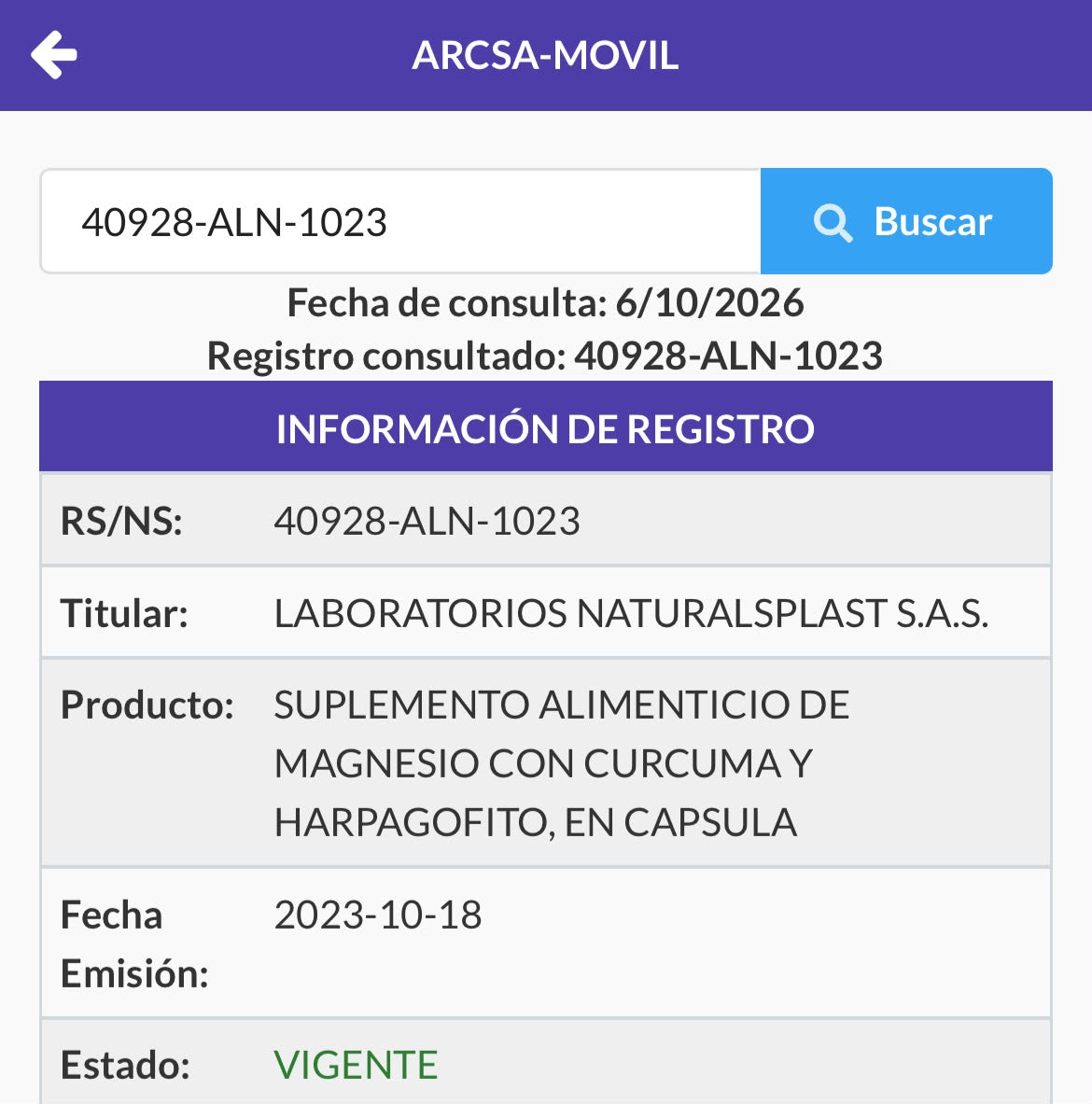 Notificación Sanitaria ARCSA 40928-ALN-1023 (Ecuador)