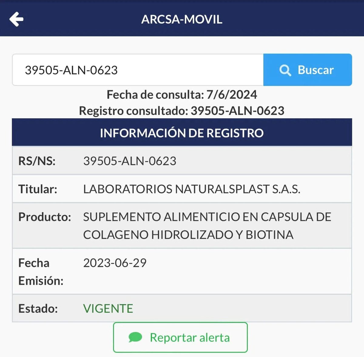Notificación Sanitaria ARCSA 39505-ALN-0623 (Ecuador)