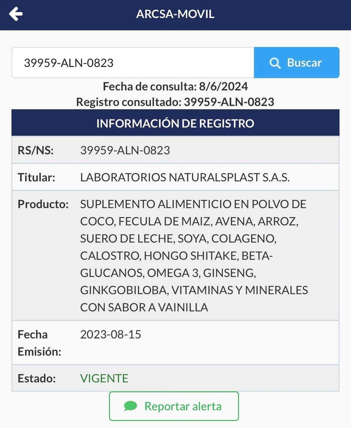 Notificación Sanitaria ARCSA 39959-ALN-0823 (Ecuador)