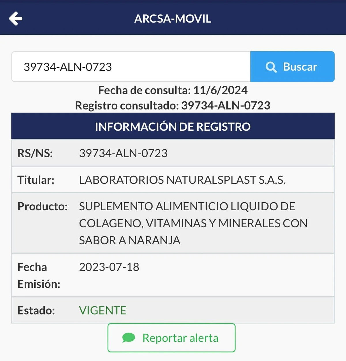 Notificación Sanitaria ARCSA 39734-ALN-0723 (Ecuador)