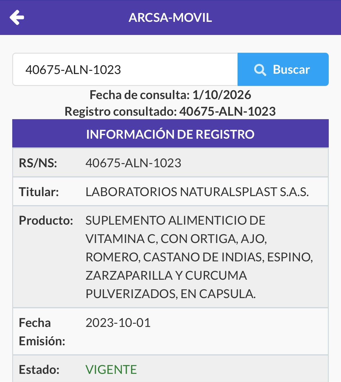Notificación Sanitaria ARCSA 40675-ALN-1023 (Ecuador)