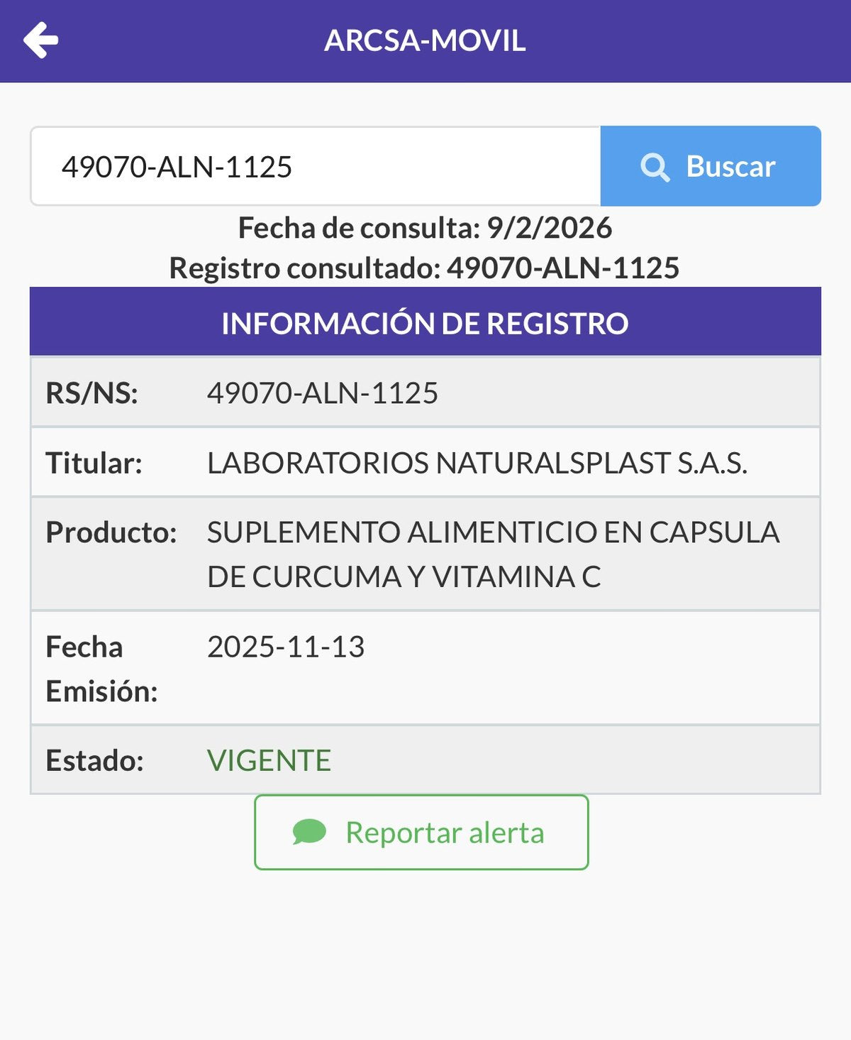 Notificación Sanitaria ARCSA 49070-ALN-1125 (Ecuador)