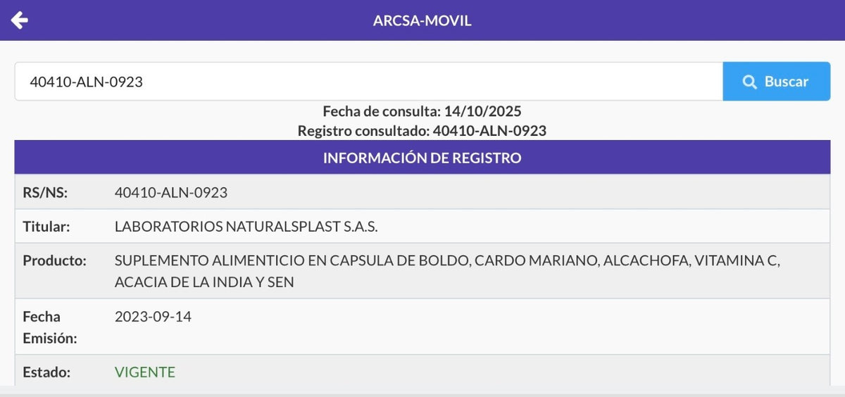 Notificación Sanitaria ARCSA 40410-ALN-0923 (Ecuador)