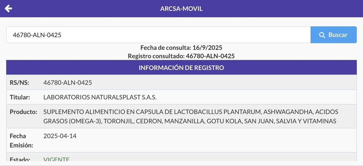 Notificación Sanitaria ARCSA 46780-ALN-0425 (Ecuador)