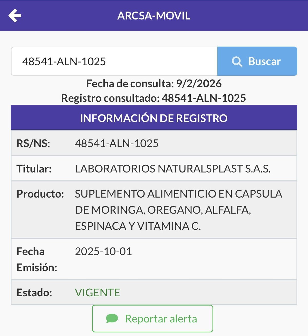 Notificación Sanitaria ARCSA 48541-ALN-1025 (Ecuador)