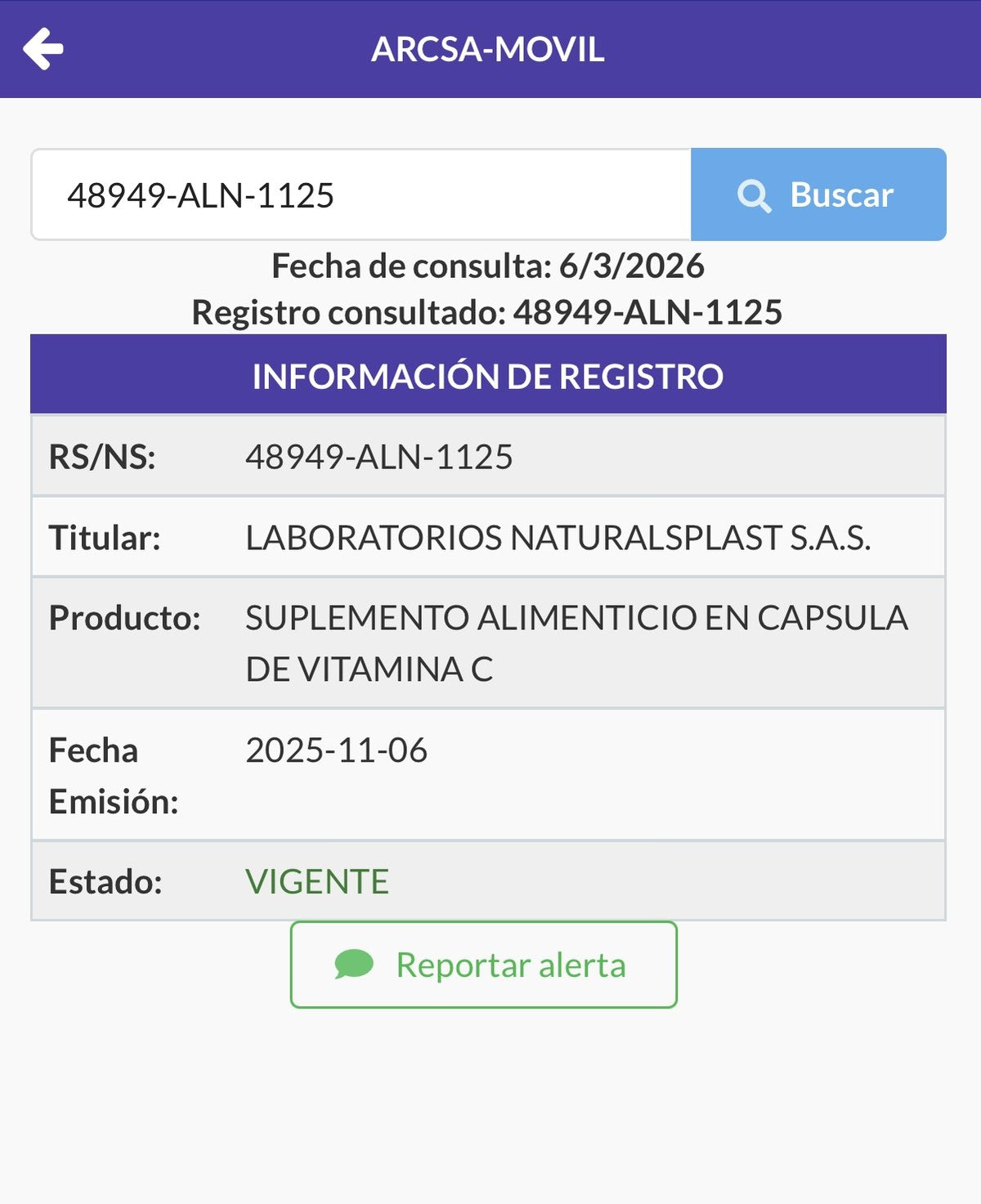 Notificación Sanitaria ARCSA 48949-ALN-1125 (Ecuador)