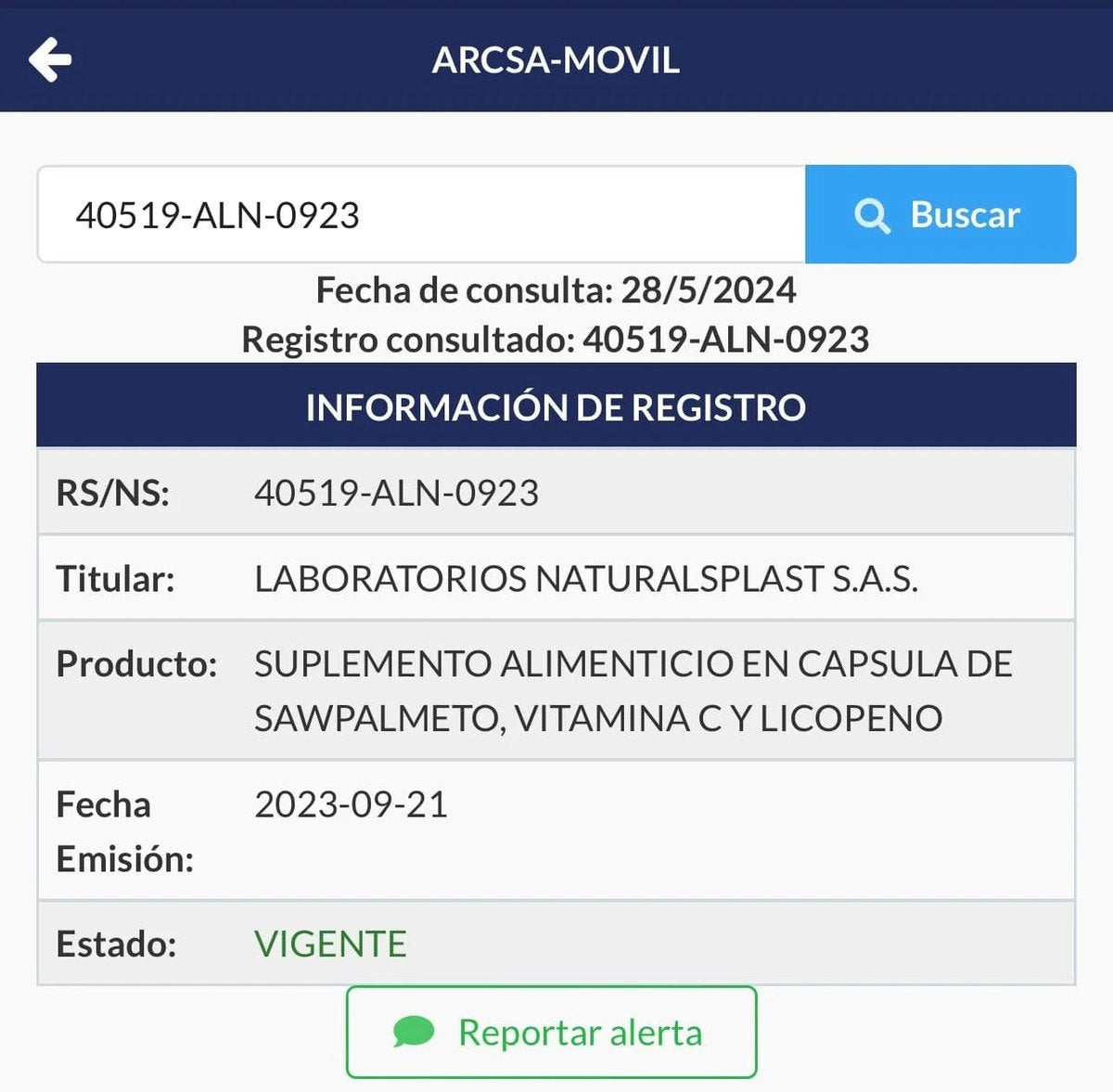 Notificación Sanitaria ARCSA 40519-ALN-0923 (Ecuador)