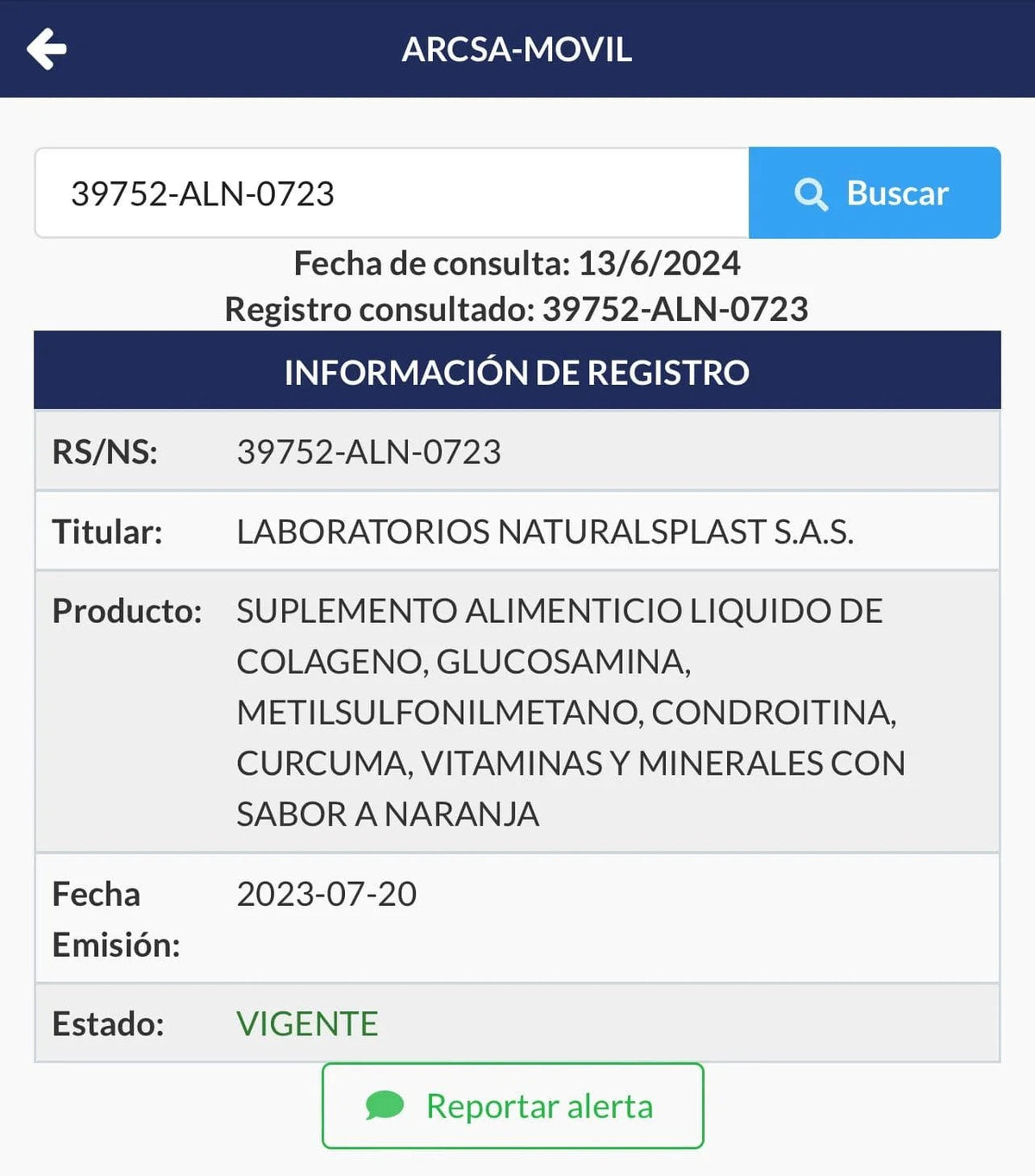 Notificación Sanitaria ARCSA 39752-ALN-0723 (Ecuador)